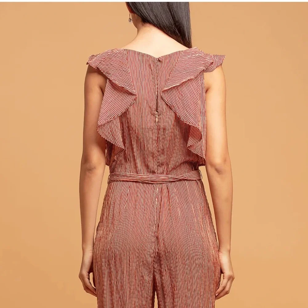 Anthropologie Eva Franco Ruffle Striped Jumpsuit in Terracotta Small Pockets - Picture 12 of 16